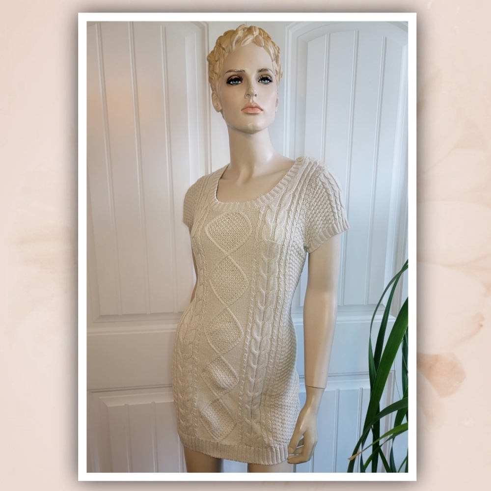 Pink Rose womens cream short sleeve mini sweater dress L